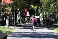 A student walks on the University of Nevada, Las Vegas campus on a sunny day with a dog