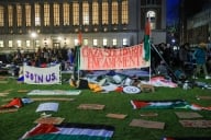 A night scene of the lawn at Columbia, covered in signs and Palestinian flags.