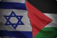 A photo illustration of the Israeli and Palestinian flags, separated by a crack between them.
