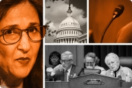 Illustration of Columbia University President Minouche Shafik, lawmakers and the Capitol building