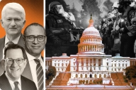 A photo illustration of the leaders of UCLA, Rutgers, and Northwestern set against a photo of the U.S. Capitol.