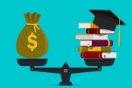 A picture of a balance scale with a sack of money on one side and a pile of textbooks and a graduation mortar board on the other.