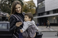 Mother using smart phone while with her baby in a baby carrier