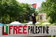 A student in a graduation gown stands above a sign that says “free Palestine.”