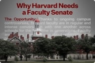 A photo illustration consisting of a photograph of Harvard University’s campus with part of the faculty senate proponents’ written arguments superimposed on top.