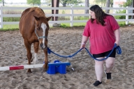 A student leads a horse over a low jump in an arena