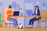 Split screen image of young woman working at her computer at home casually, on one side, and the same woman working on her computer in professional clothes at an office with a clock and graph on the wall, on the other side