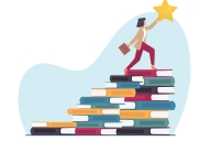 Woman holding briefcase who has climbed to the top of a stack of books and reached a star that is only accessible from the top book.