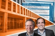 Two men's faces tranposed on a picture of a government building in orange