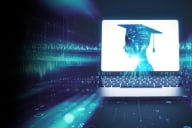A computer screen with a silhouette wearing a graduation hat is surrounded by blue digital lines 