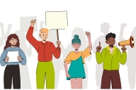 Crowd of different people at the demonstration. Angry dissatisfied man and woman are protesting with megaphone and placards with banners.