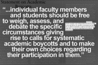 A photo illustration that highlights a quote from a recent American Association of University Professors statement on academic boycotts. The quote reads, "Individual faculty members and students should be free to weigh, assess, and debate the specific circumstances giving rise to calls for systematic academic boycotts and to make their own choices regarding their participation in them."