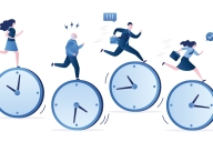 Two women and two men each run atop a clock (each clock with different times) as if in a race