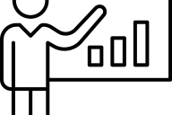 A spare, stick-figure like illustration of a male teacher pointing to slides with a bar graph.