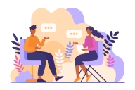 A purple- and orange-hued illustration of two colleagues sitting in desk chairs talking amicably with each other. 