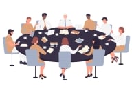 An illustration of 10 people gathered for a meeting around a round table, as they might be if engaged in faculty committee work.