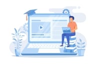 Illustration: A man sits on an oversize laptop, which has a graduation cap perched on a corner of its screen. There are plants surrounding the laptop. 