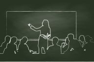 A black and white silhouette-like illustration of an instructor gesturing to a board with a group of students listening.