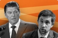 A photo illustration featuring images of former president Ronald Reagan and Christopher Rufo juxtaposed next to one another, against a wavy orange background.
