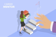 In this illustration, a woman climbs a set of stairs holding a stack of books; the words "Career Mentor" are in the upper left-hand corner.