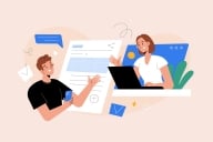 An illustration of two people collaborating on a document.