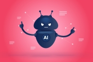 An illustration of an AI bot with an angry face against a red background.