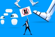 A cartoon-like illustration of a man valiantly holding up a protest sign against AI as two chatbots speak in the background and robot-like feet stomp above him.