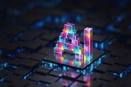 An illustration of the concept of artificial intelligence: the letters "AI," in bright colors, are offset against a backdrop of chips.