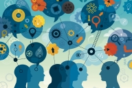 An abstract image of a group of five students and an instructor, in silhouette; speech bubbles above their head feature icons associated with education, such as a lightbulb to signify ideas, gears and wheels to signify thinking and a magnifying glass to signify investigation. 