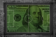 A photo illustration of a soccer field made out of money.