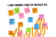Colorful Post-it notes show self-care tips.