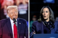 An illustration showing Donald Trump and Kamala Harris in a split screen