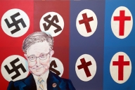 Artwork depicting U.S. House Speaker Mike Johnson in front of swastikas morphing into crosses