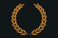 An illustration of an orange laurel wreath against a black background.