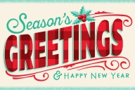 An illustration of a holiday card that reads "Seasons Greetings & Happy New Year."