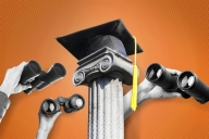 A photo illustration of binoculars pointed at a mortarboard.
