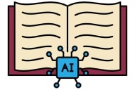An illustration of an open book, with a chat-bot icon that says "AI."
