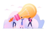 An illustration of three women carrying a giant light bulb, signifying an idea/innovation.