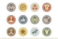 A slate of 20 different badges signifying achievement, featuring various images including trophies and a thumbs-up.