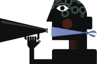 A silhouette-type illustration of a man, wearing a blue gag across his mouth, holding a bullhorn.