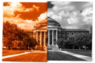 A campus photo of Southern Methodist University divided, half orange and half gray.