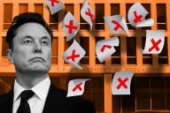 A photo illustration consisting of a photo of Elon Musk's face superimposed over a photo of the Education Department's headquarters. There are also images of falling papers with red X's on them.