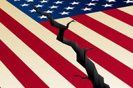 An illustration of an American flag, with a crack down the center of it.