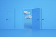 3-D rendering of the open door and cloud. Decisions and choices concept. Blue colors. Minimal design.