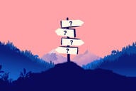 An illustration of a multidirectional road sign with four signs, each with a question mark, pointing in different directions, against a pink sunset or sunrise background and mountains.