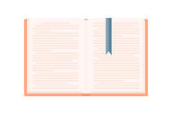 An illustration of a flat open book with an orange cover, with a blue ribbon-like bookmark marking the page it is open to.