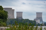 A picture of four cooling towers at Three Mile Island nuclear plant, in Pennsylvania.