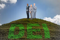 Three people in suits stand on a hill that reads "DEI."