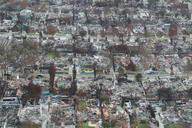 An aerial view of burned houses after the Los Angeles wildfires