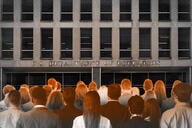A photo illustration of workers standing in front of the Department of Education.